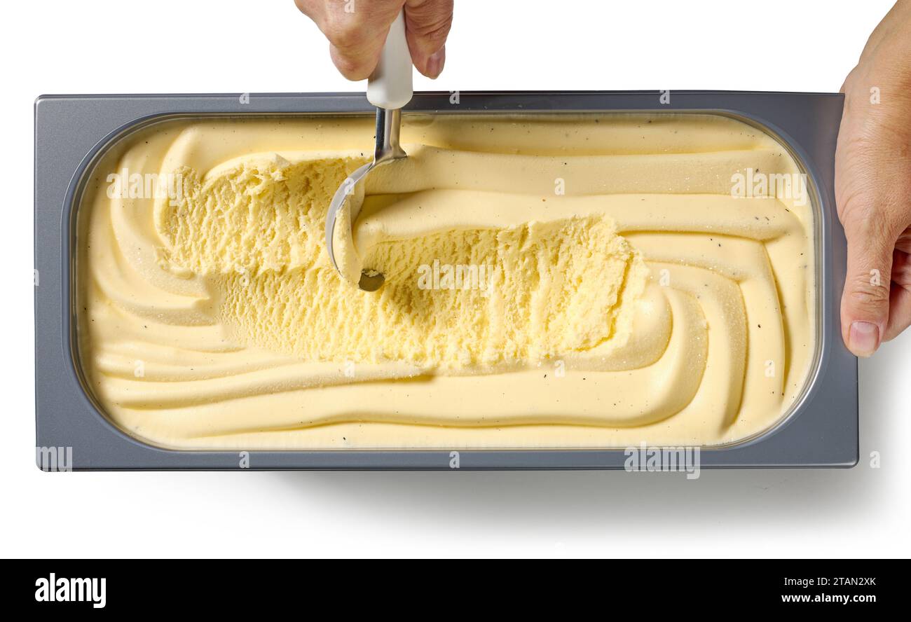 Vanilleeis aus dem Behälter, Draufsicht Stockfoto