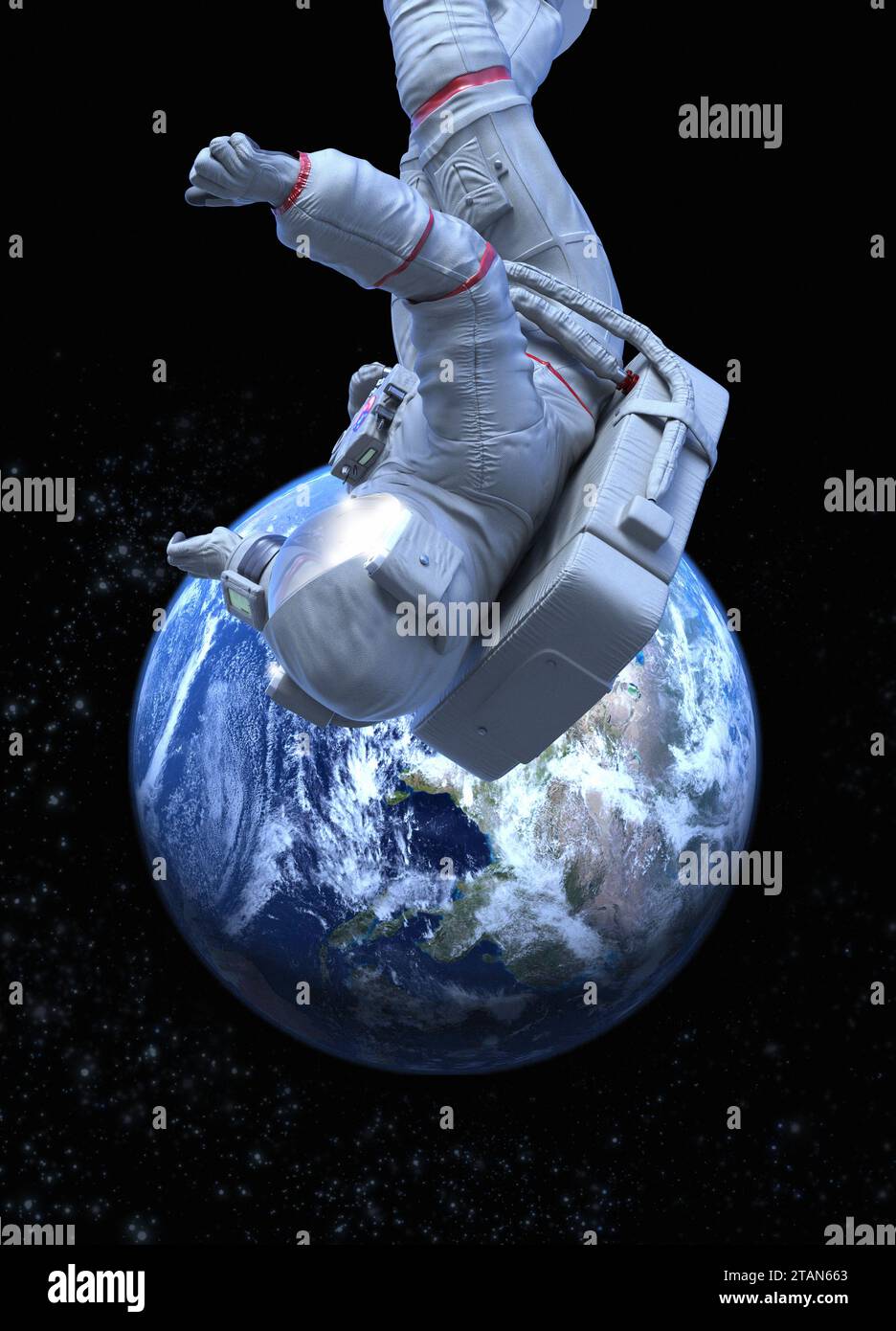 Astronaut schwimmt über der Erde, Illustration Stockfoto