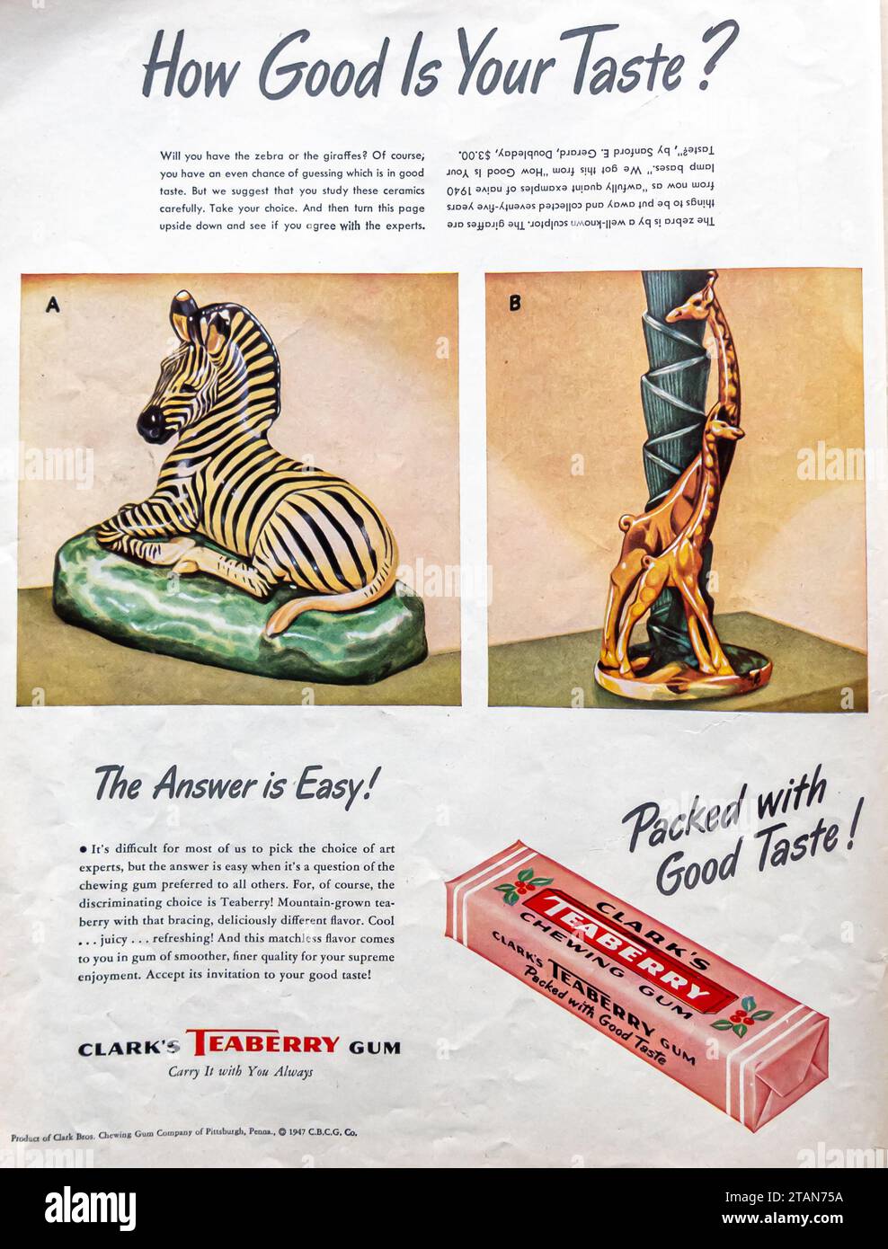 1947 Clarks Teeaberry-Kaugummi-Werbung Stockfoto