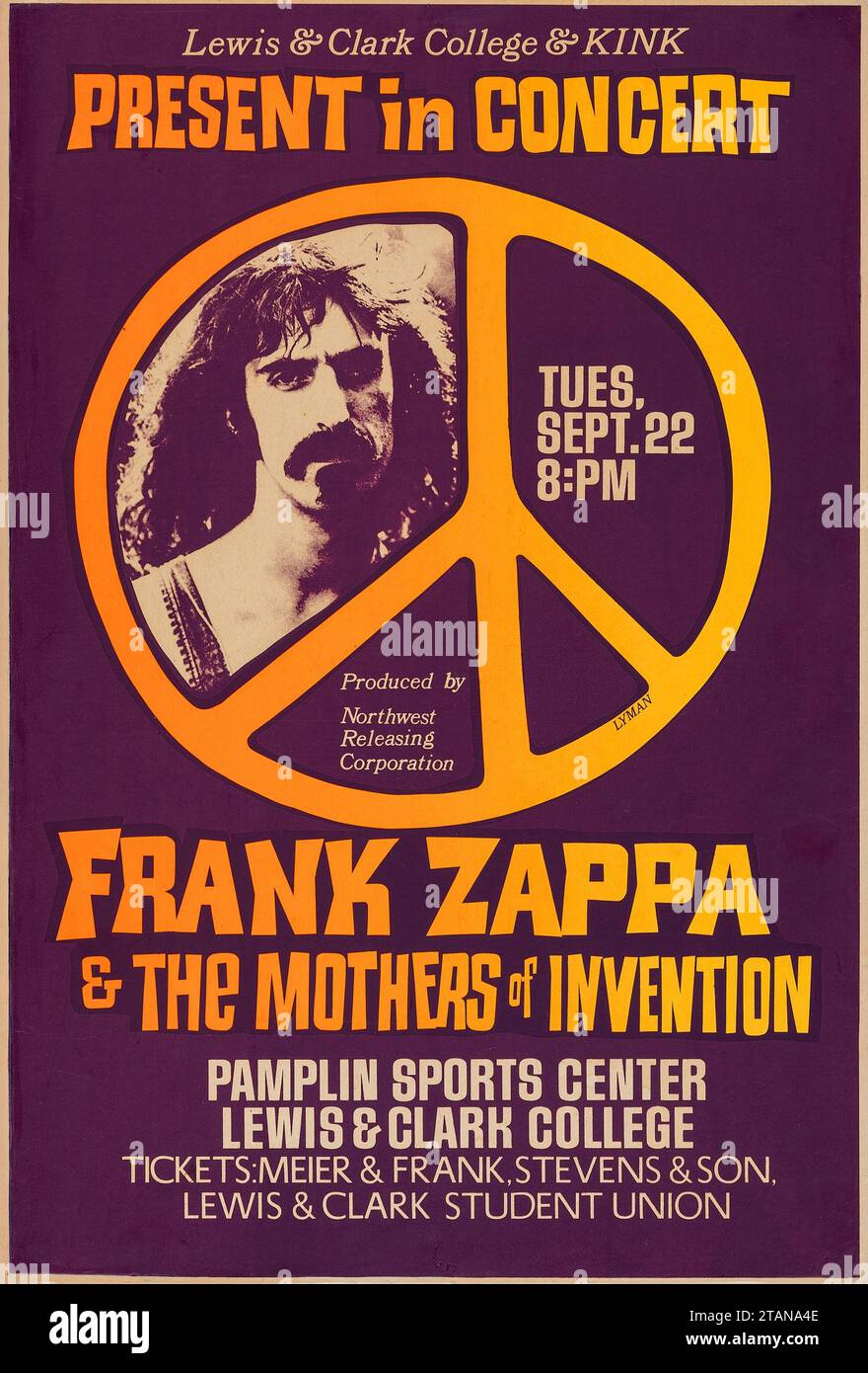 Frank Zappa and the Mothers of Invention 1970 Portland ODER College Concert Poster feat a Peace Symbol Stockfoto