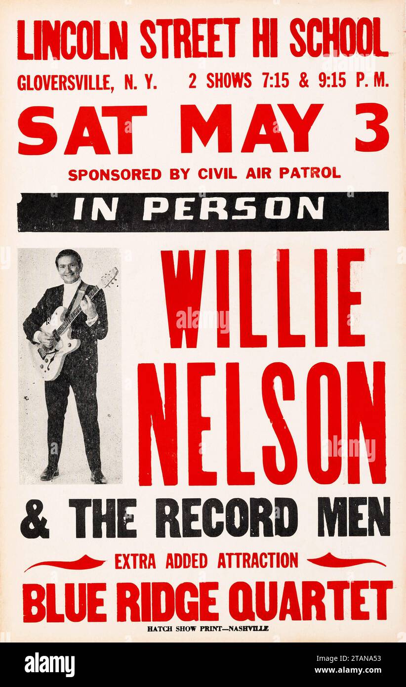 Willie Nelson & The Record Men + Blue Ridge Quartet - 1969 New York Lincoln Street High School, Gloversville. Konzertposter Stockfoto