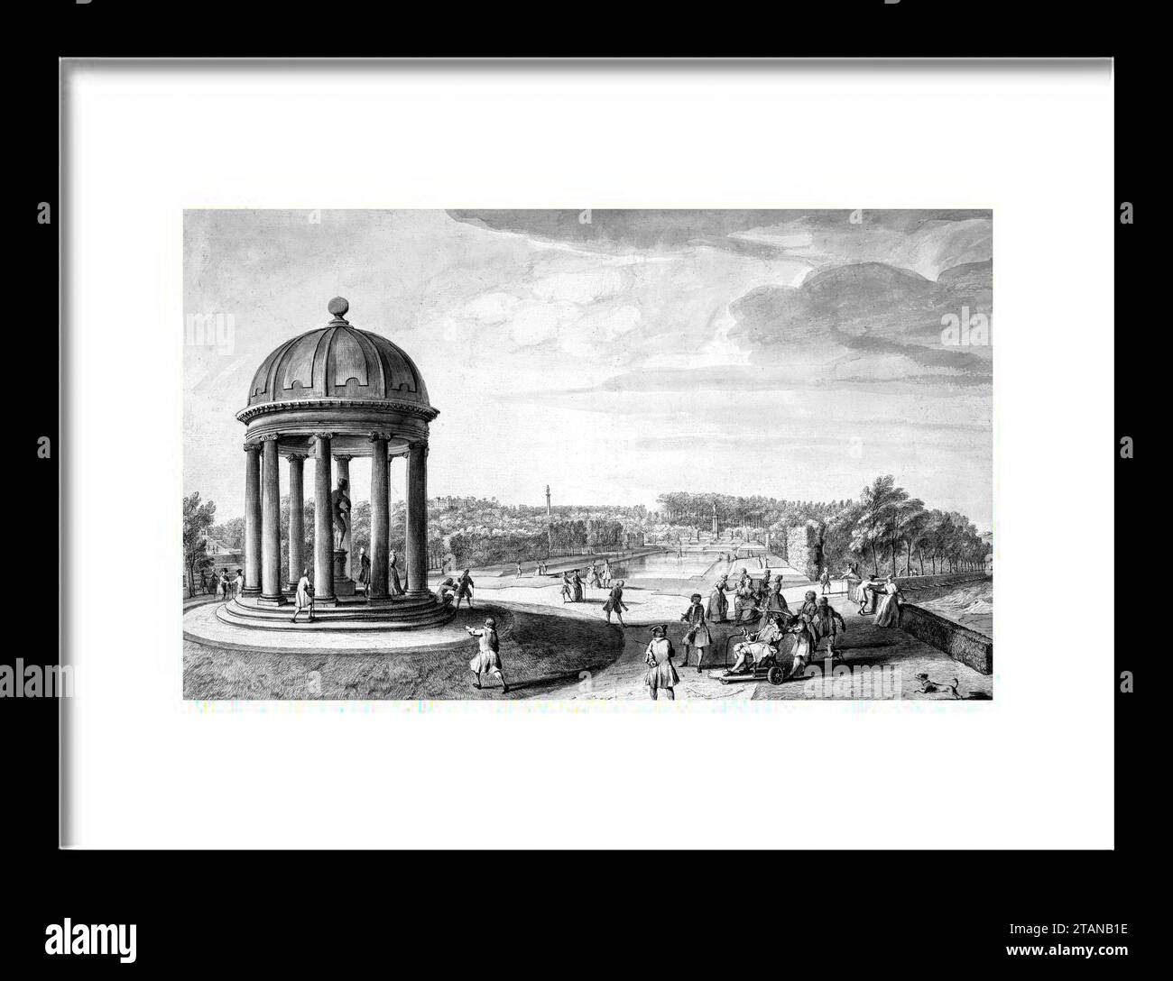 Ein Generalplan und Ausblick auf Lord Viscount Cobham's Gardens in Stowe. Jacques Rigaud (Französisch, Marseille 1681-1754 Paris) Termine: Ca. 1739. Pen an Stockfoto