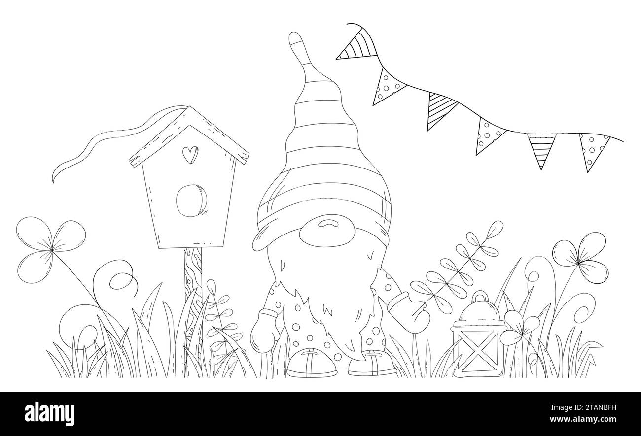 Das Malbuch für Kinder zeigt eine Illustration Eines Gnome im Frühling in der Nähe Eines Vogelhauses, perfekt für Eine Malseite Stock Vektor