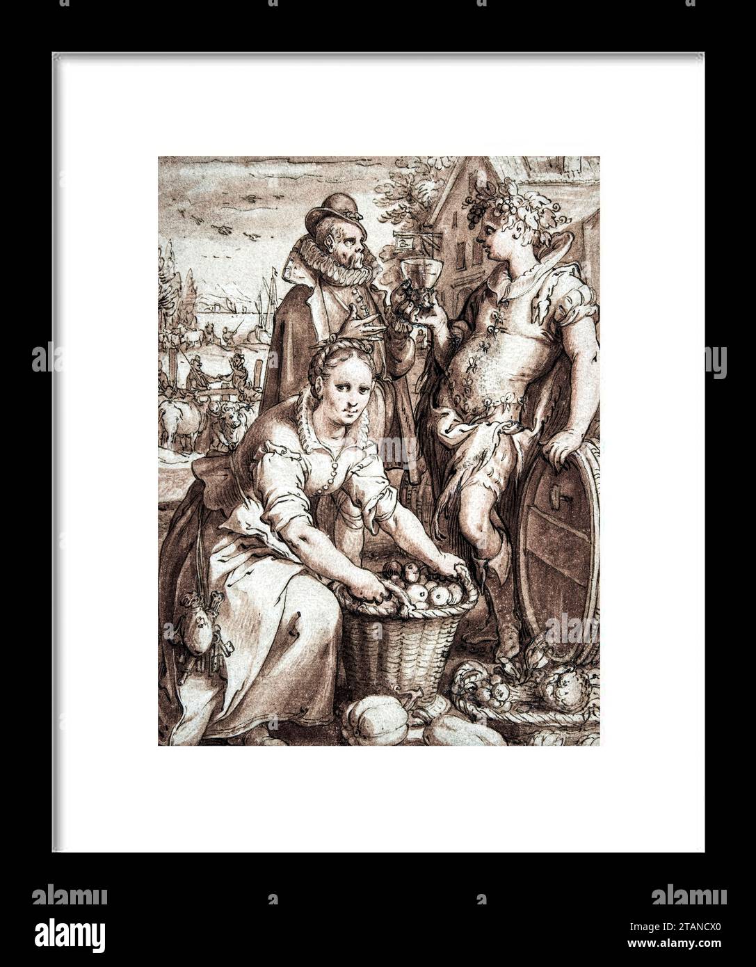 Herbst; Studie für eine Gravur. Hendrick Goltzius (Niederländisch, Mьhlbracht 1558-1617 Haarlem) Pen und braune Tinte, rotbraune Waschung, über schwarzer Kreide, h Stockfoto