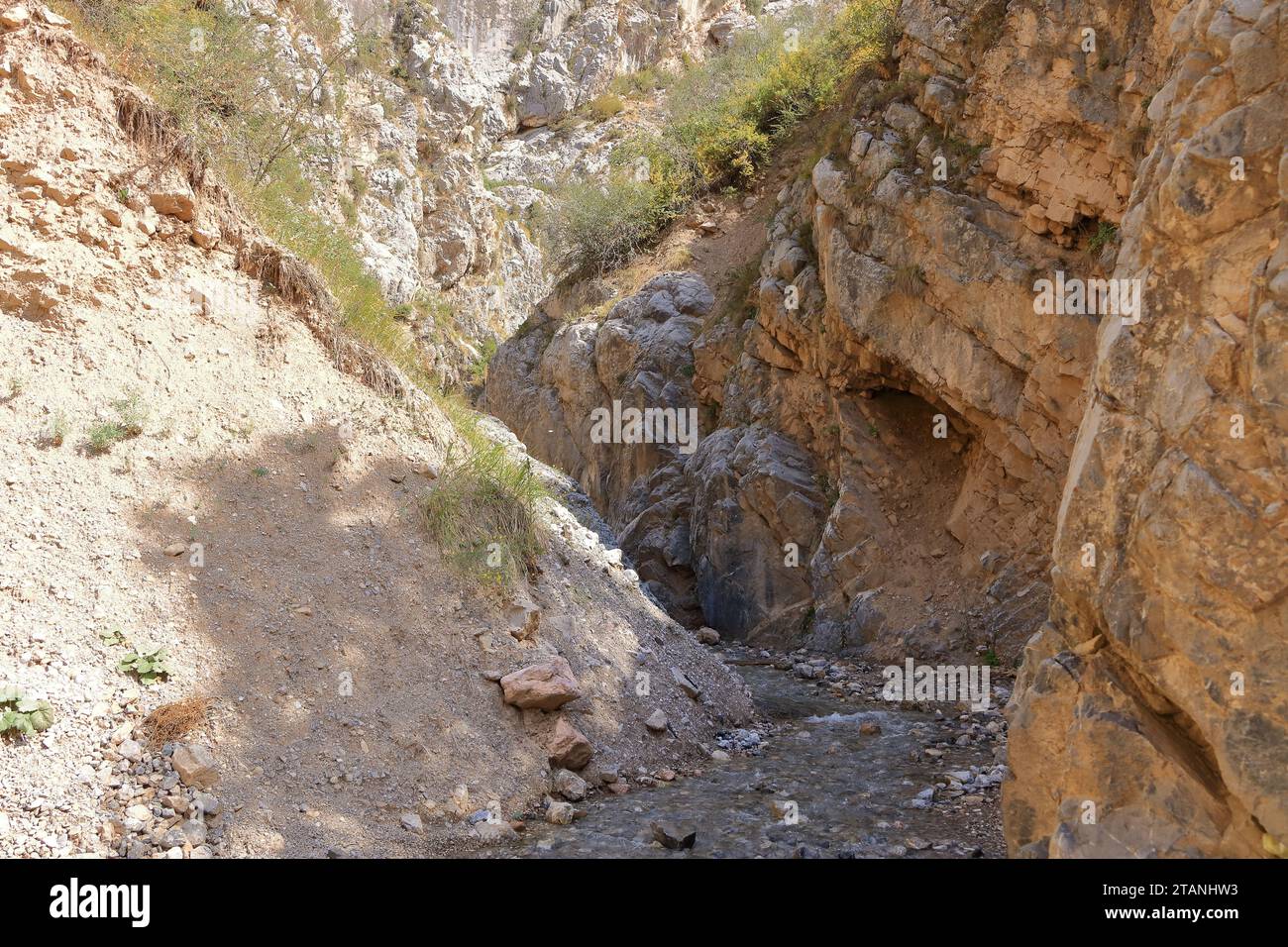 fluss am Fuße des Wasserfalls in der Nähe von Arslanbob, Kirgisistan, Zentralasien Stockfoto