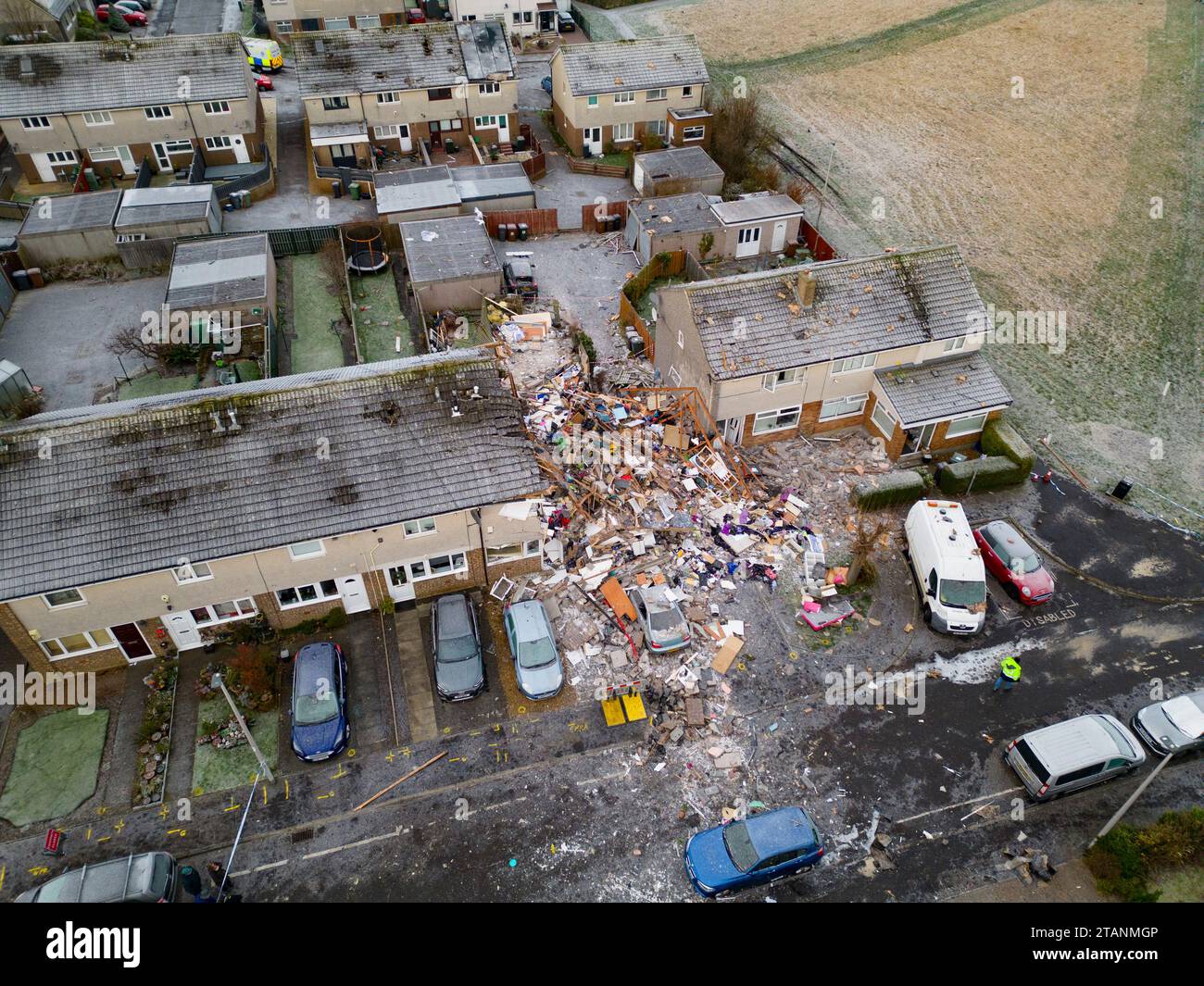 Luftaufnahmen nach der tödlichen Gasexplosion im Haus im Bezirk Baberton in Edinburgh, Schottland, Großbritannien Stockfoto
