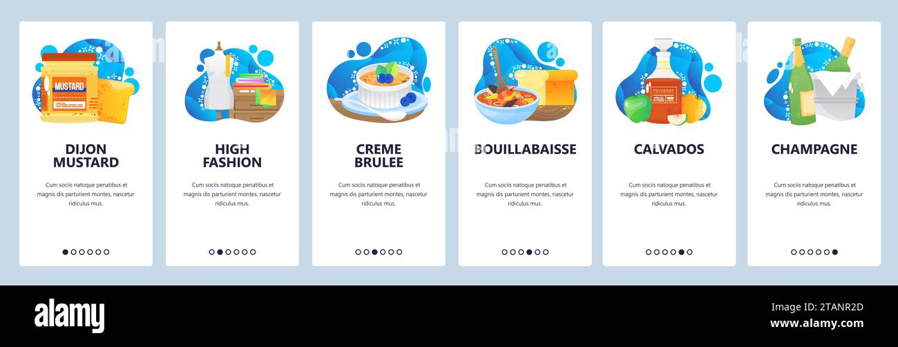 Vektorvorlage für Onboarding-Bildschirme auf der französischen Website und der mobilen App Stock Vektor