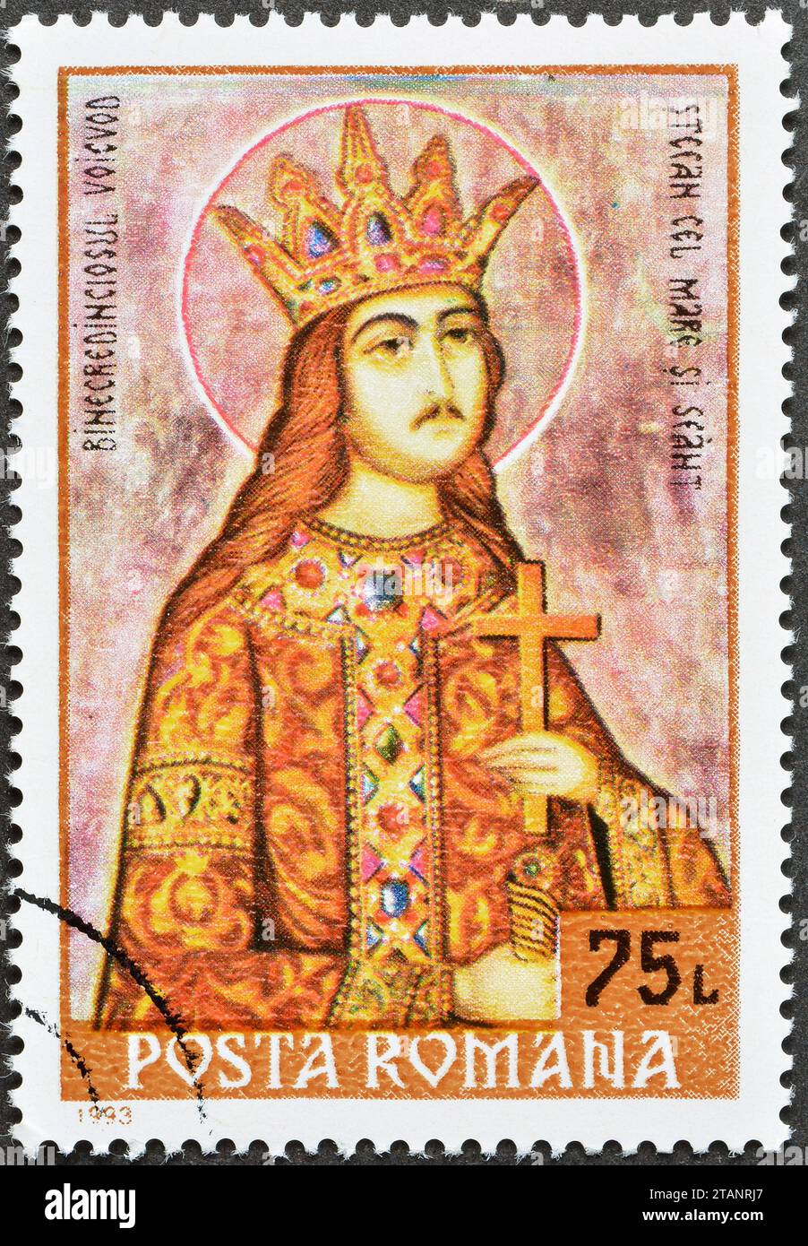 Gestempelte Briefmarke, gedruckt von Rumänien, die Stephan III., den regierenden Prinzen von Moldawien, um 1993 zeigt. Stockfoto