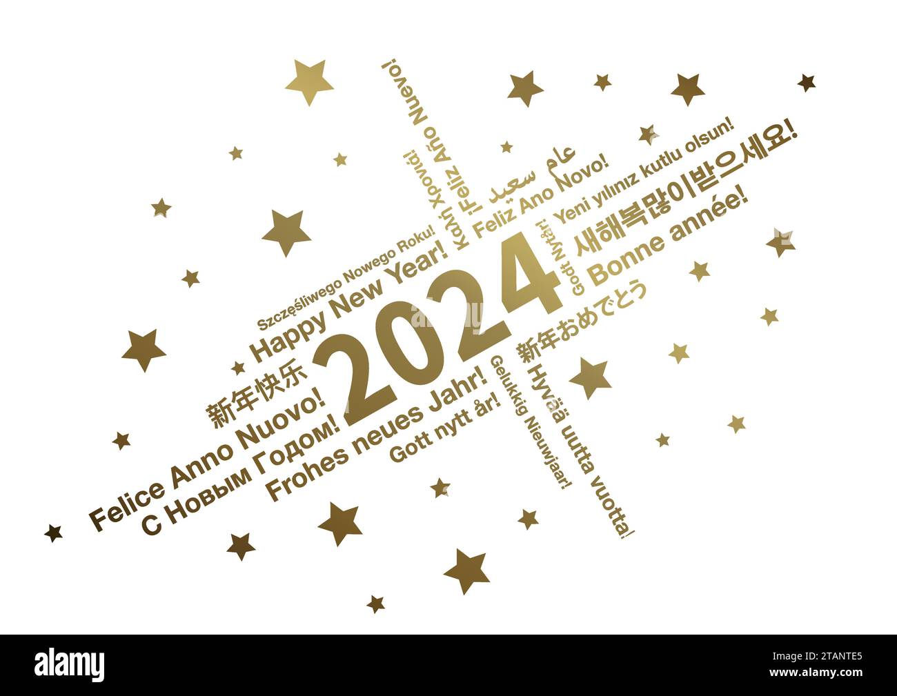 Frohes neues Jahr 2023 in verschiedenen Sprachen Wort Wolke Grußkarte Konzept, Vektor-Illustration Stock Vektor