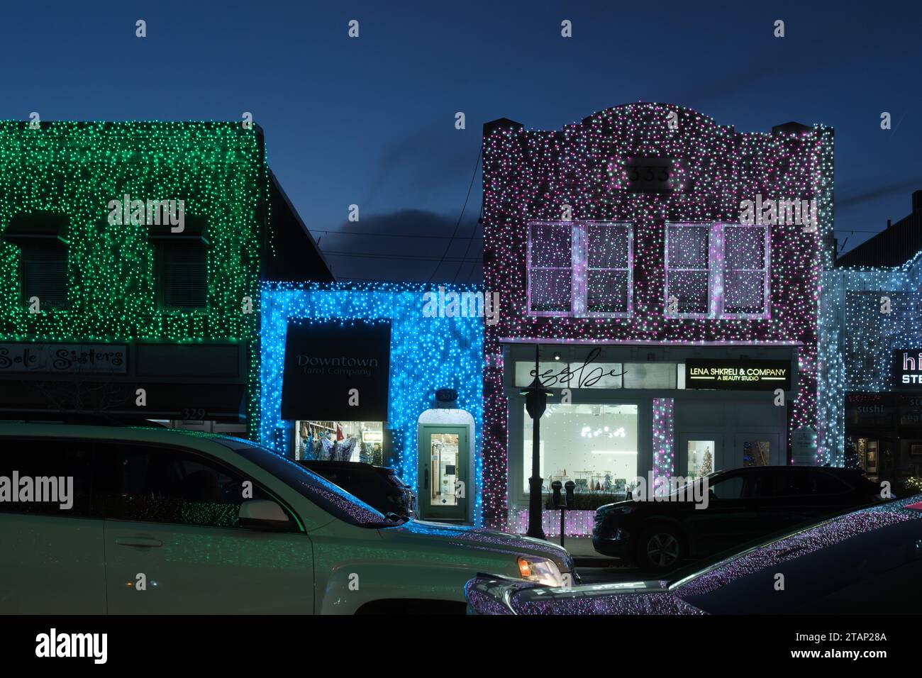Weihnachtsbeleuchtung im Zentrum von Rochester, Michigan, USA Stockfoto