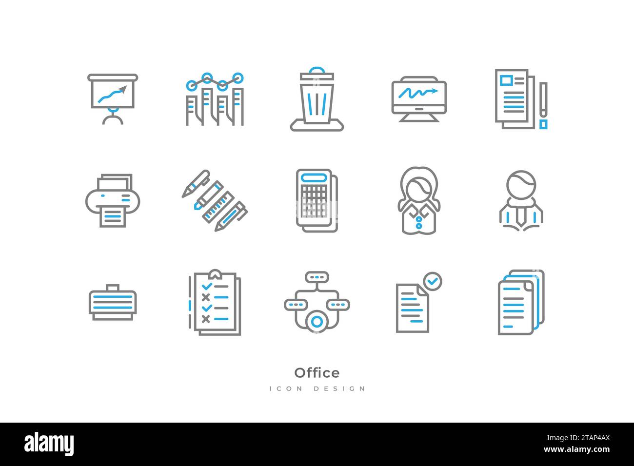 Satz von Bürosymbolen mit einfacher Linienart. Enthält Papier, Dokument, Computer, Drucker, Mann, Frauen, Aktentasche und mehr Stock Vektor