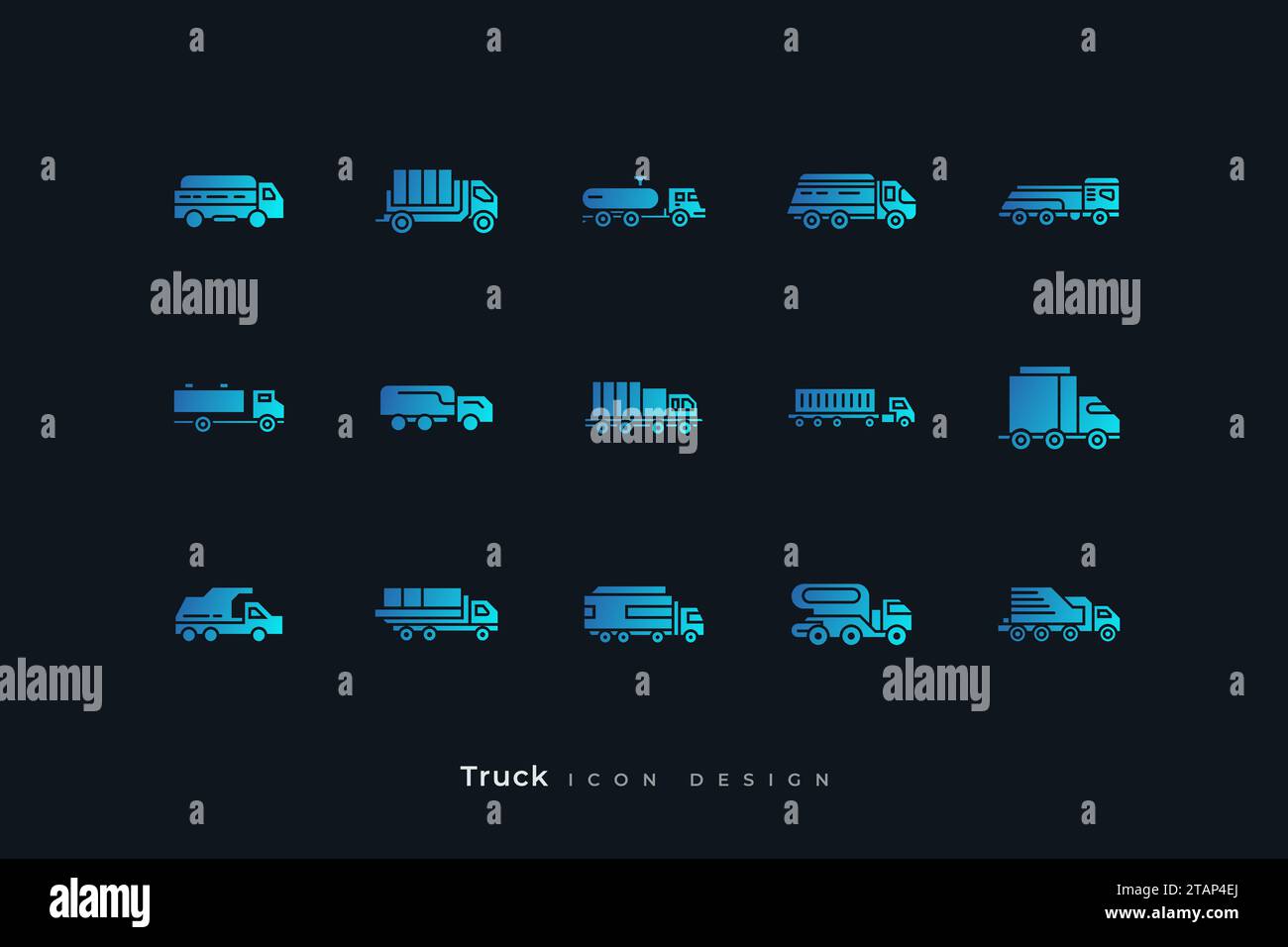 Sammlung von LKW-Symbolen in blauem Farbverlauf. Enthält Tankwagen, Lieferwagen, Anhänger und mehr Stock Vektor