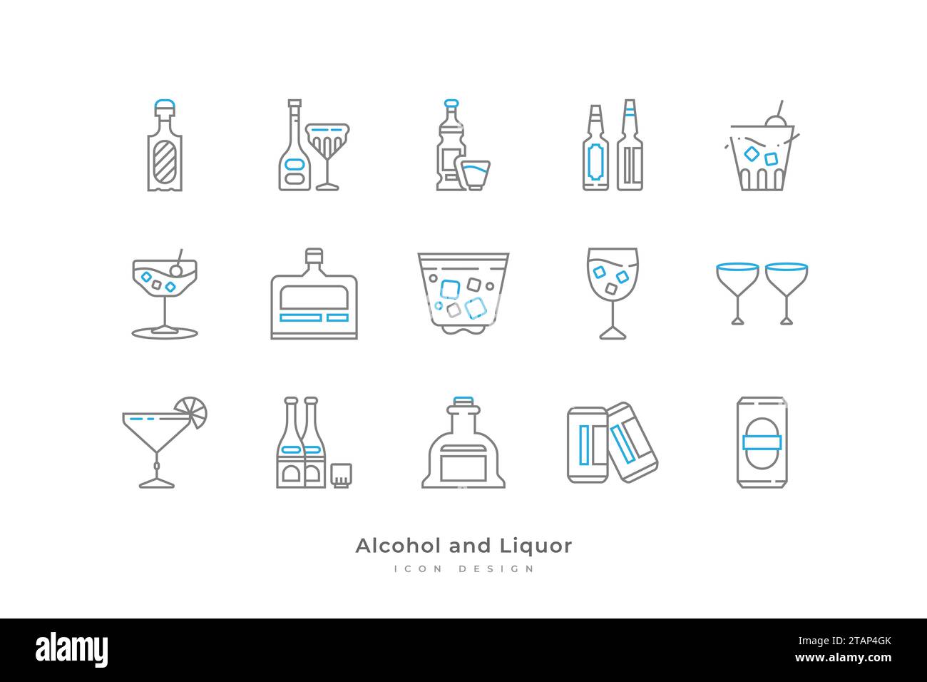 Alkohol und Alkohol Icon Set mit Simple Line Style. Enthält konserviertes Bier, Champagner, Cocktails, Whiskey und mehr Stock Vektor