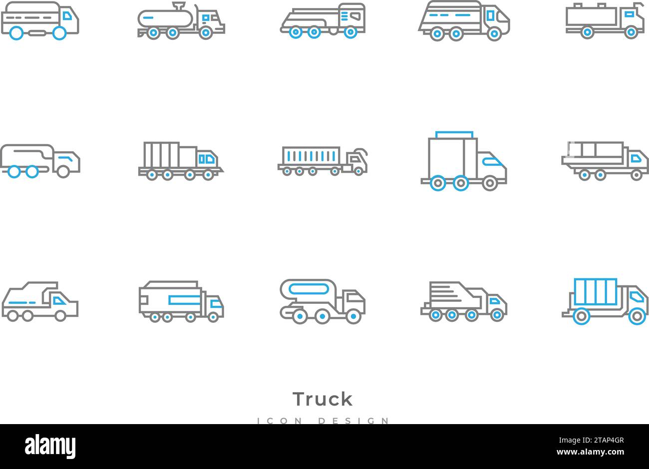 Lkw-Symbolsatz mit verschiedenen Formen in Linienform. Enthält Tankwagen, Transporter, Anhänger und mehr Stock Vektor