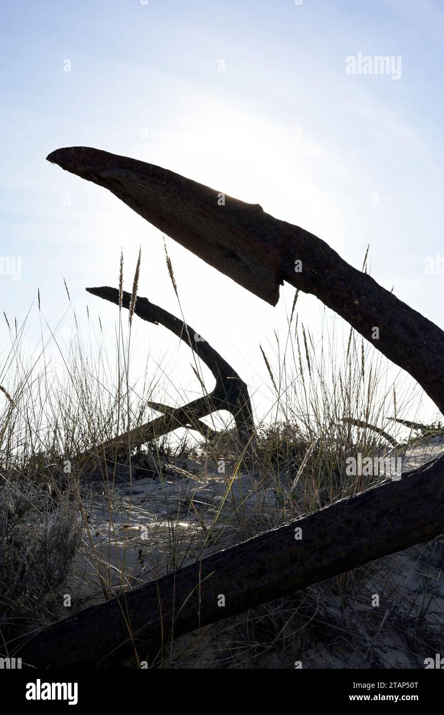 PORTUGAL, Algarve, Santa Luzia, Strand Praia do Barril, Cemiterio de ancoras, Ankerfriedhof, verlassene Netzanker der ehemaligen Thunfischerei vom september 1966 / Netz Anker Friedhof der 1966 geschlossenen Thunfischerei am Strand Praia do Barril Stockfoto