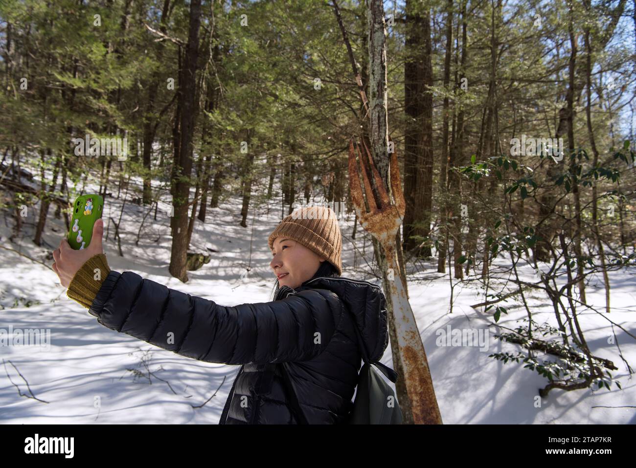 Eine chinesin, die an einem sonnigen Wintertag ein Selfie in der Nähe einer großen rostigen Gabel auf dem jones Mountain Trail in New hartford connecticut macht Stockfoto