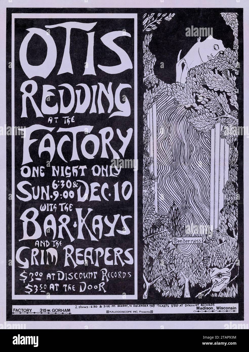 Otis Redding at the Factory, One Night Only, with the Bar-Kays and Grim Reapers - Concert Poster 1967 - Poster for the Show He starb EN Route to. Wisconsin. Otis starb bei einem Flugzeugabsturz am 10. Dezember 1967, 26 Jahre alt. Stockfoto
