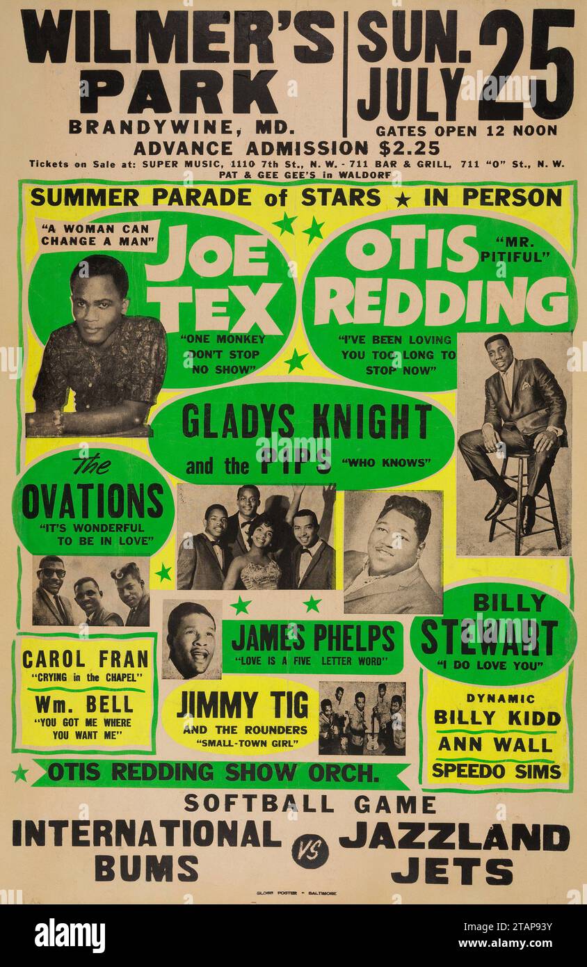 Vintage-Konzertposter - Otis Redding und Joe Tex, Gladys Knight, The Ovations, Billy Stewart - 1965 - Rhythm & Blues - Globe Concert Poster Stockfoto