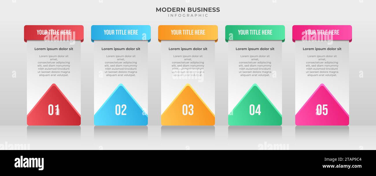 Moderne Business-Infografik mit fünf Schritten oder Optionen. Farbenfrohe Infografik-Vorlagen können für Präsentationen Banner und Prozessdiagramme verwendet werden Stock Vektor