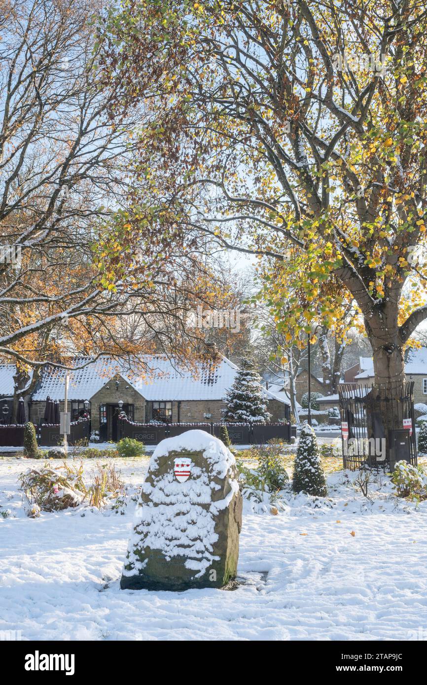 Winteransicht von Washington Village Green mit dem Wappen der Familie Washington im Vordergrund, Tyne and Wear, England, Großbritannien Stockfoto