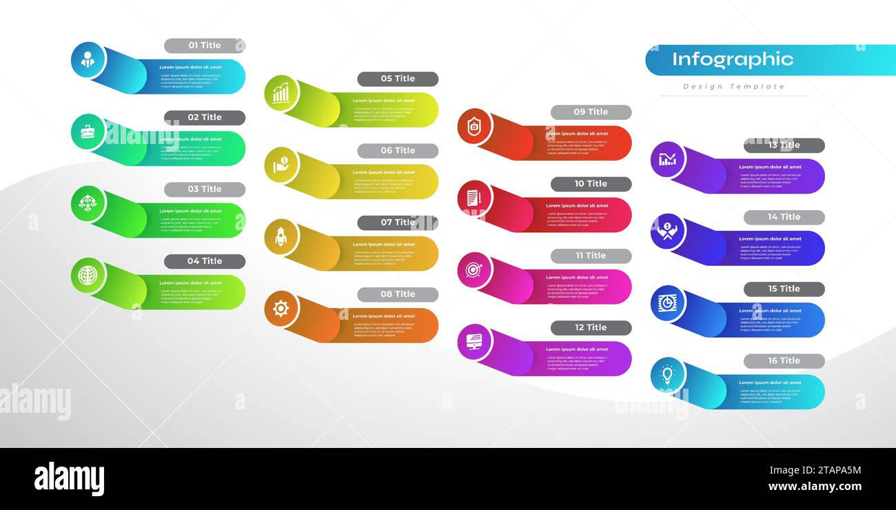 Moderne Infografik-Designvorlage mit 16 Optionen oder Schritten. Kann für Präsentation, Workflow-Layout, Diagramm oder Jahresbericht verwendet werden Stock Vektor