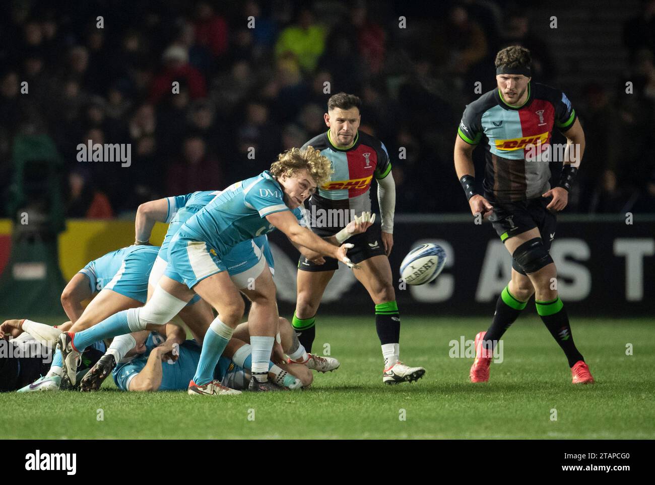 Sale Sharks Gus Warr in Aktion während der Harlequins gegen Sale Sharks, Gallagher Premiership, Rugby, Twickenham Stoop, London, Dezember 2023. Foto: Gary Mitchell/Alamy Live News Stockfoto