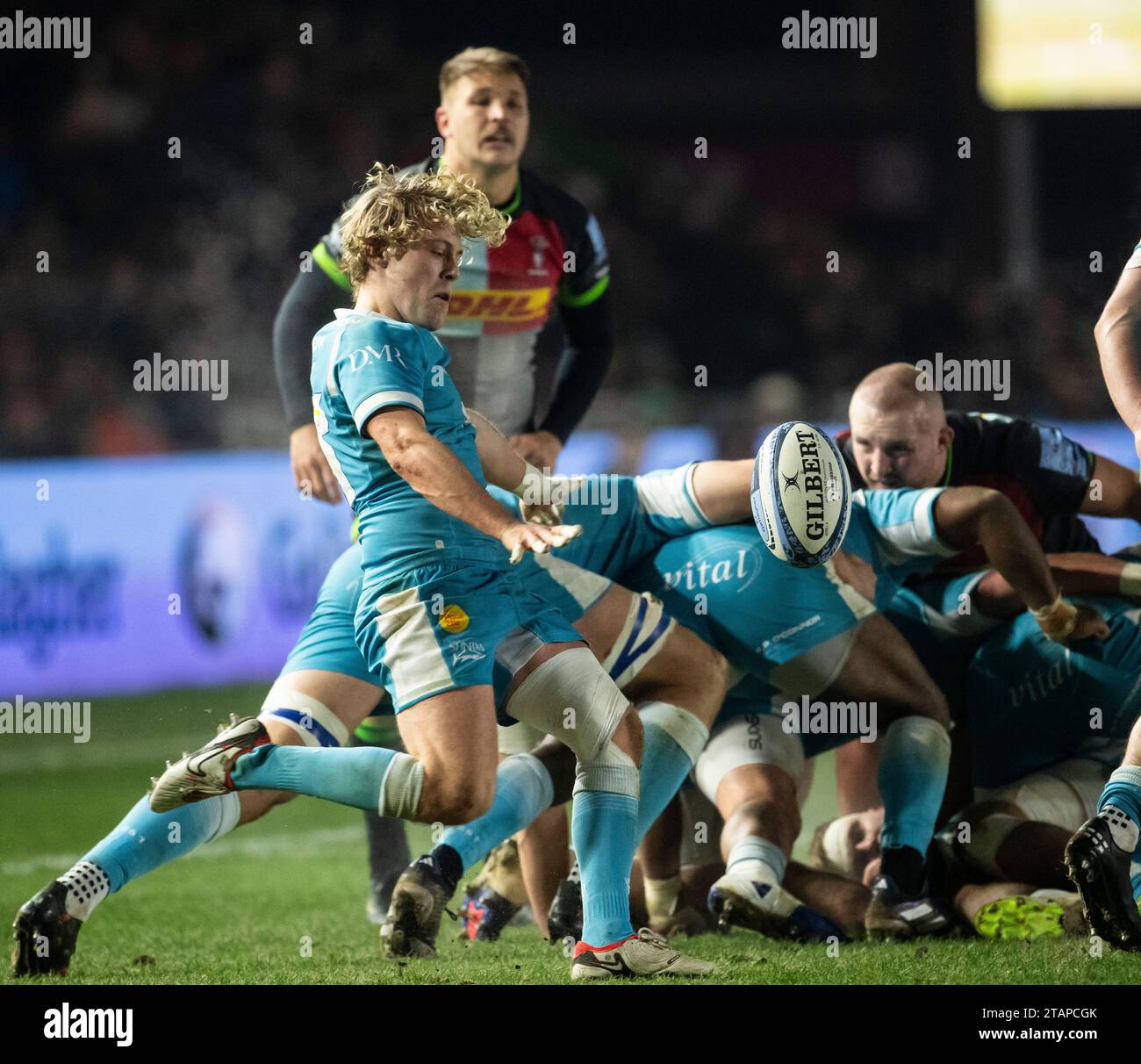 Sale Sharks Gus Warr in Aktion während der Harlequins gegen Sale Sharks, Gallagher Premiership, Rugby, Twickenham Stoop, London, Dezember 2023. Foto: Gary Mitchell/Alamy Live News Stockfoto