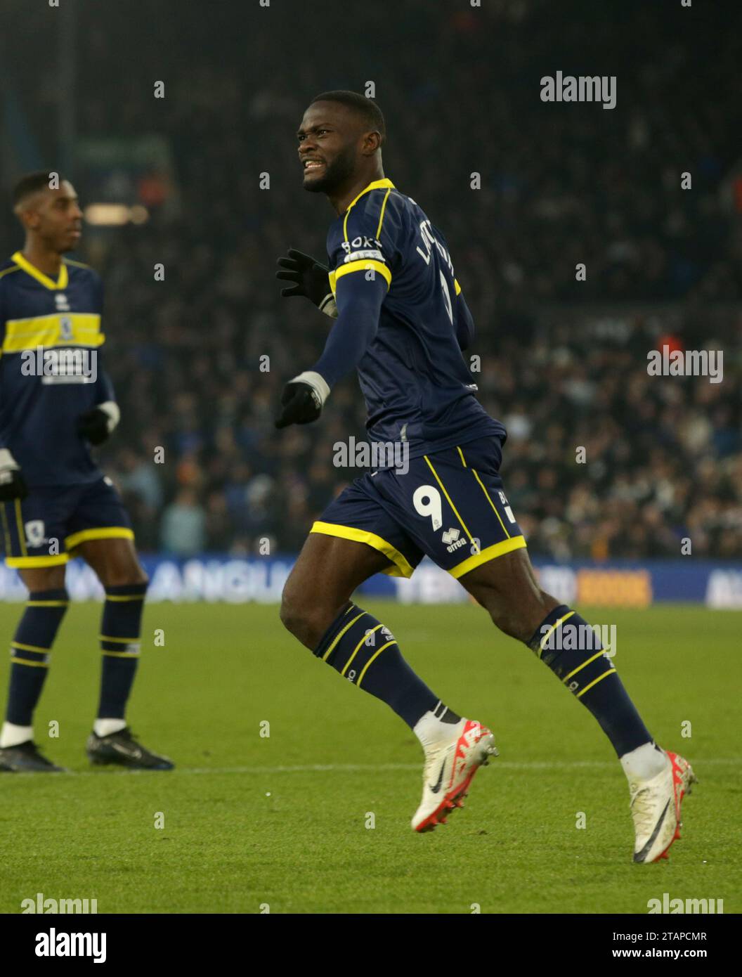Emmanuel Latte Lath von Middlesbrough feiert das zweite Tor des Spiels während des Sky Bet Championship Matches in der Elland Road, Leeds. Bilddatum: Samstag, 2. Dezember 2023. Stockfoto