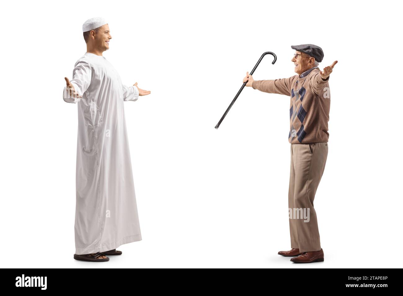 Junger arabischer Mann, der einen älteren Mann auf weißem Hintergrund trifft Stockfoto
