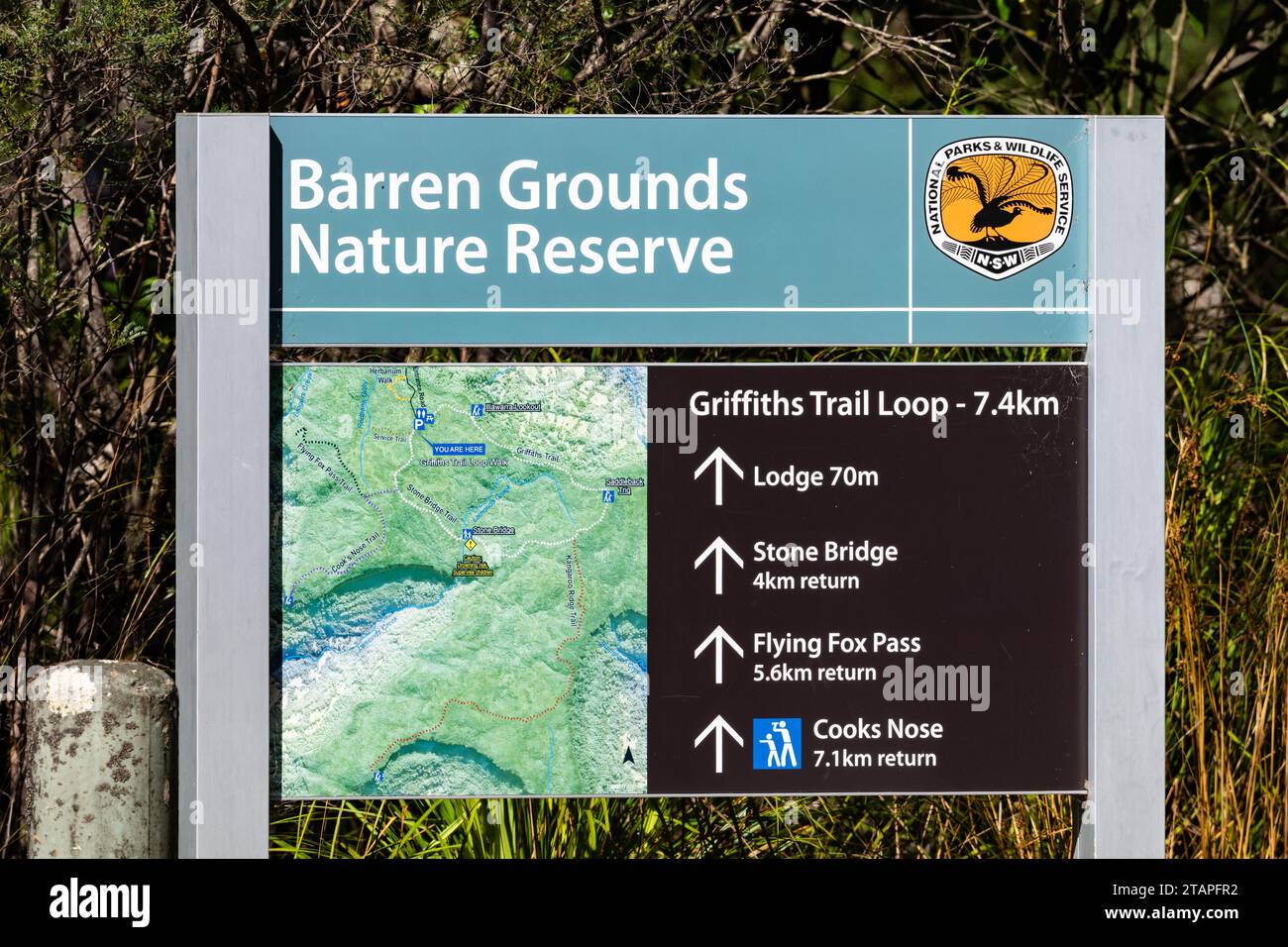 Informationstafel und Karte im kargen Grounds Nature Reserve. New South Wales, Australien. Stockfoto