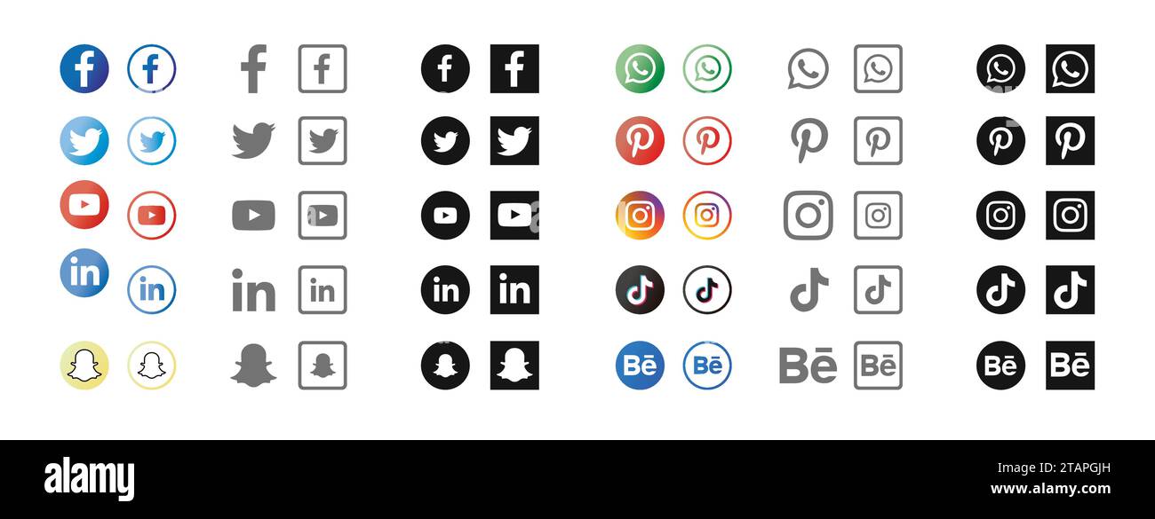 Vinnytsia, Ukraine - 11. März 2023. Set des Symbols für soziale Medien: Facebook, Instagram, Snapchat, Twitter, Youtube, Whatsapp, Telegramm, linkedin, dribbble Stock Vektor