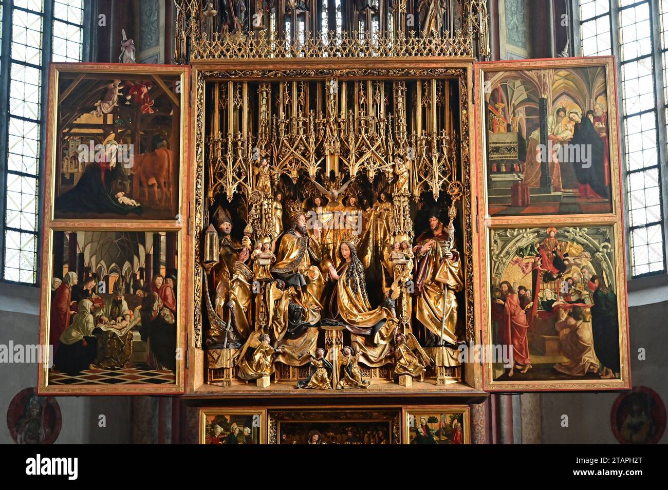 Der weltberühmte Michael-Pacher-Altar in Sankt Wolfgang, Salzkammergut Stockfoto