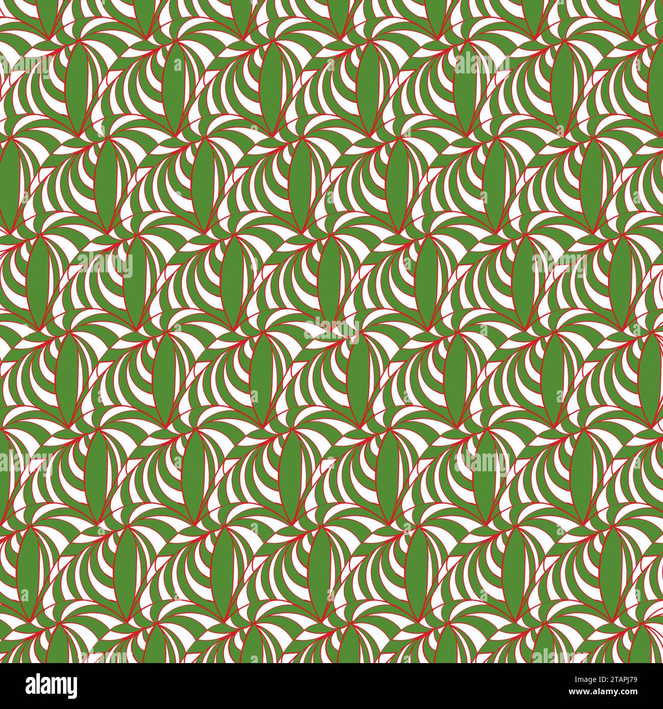 Ein nahtloses Muster aus grünen und roten Blättern auf weißem Hintergrund. Die Blätter sind so angeordnet, dass ein Gefühl von Bewegung und Textur entsteht. Illus Stockfoto