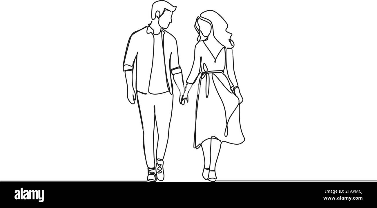 Durchgehende einzeilige Zeichnung des Paares, das Hand in Hand geht, Linie Art Vektor Illustration Stock Vektor