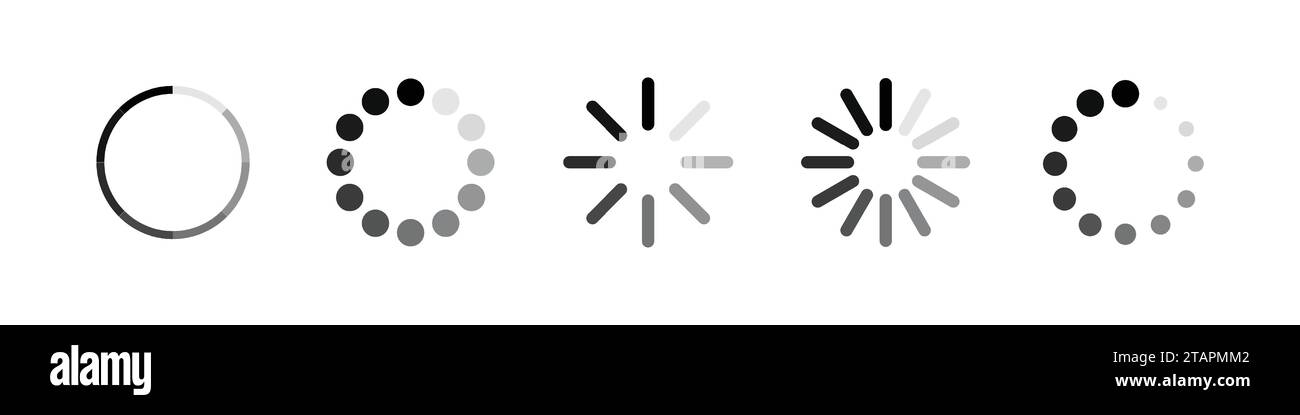 Weiße und graue Ladesymbole auf schwarzem Hintergrund. RGB EPS 10 Vektorelemente Set Stock Vektor
