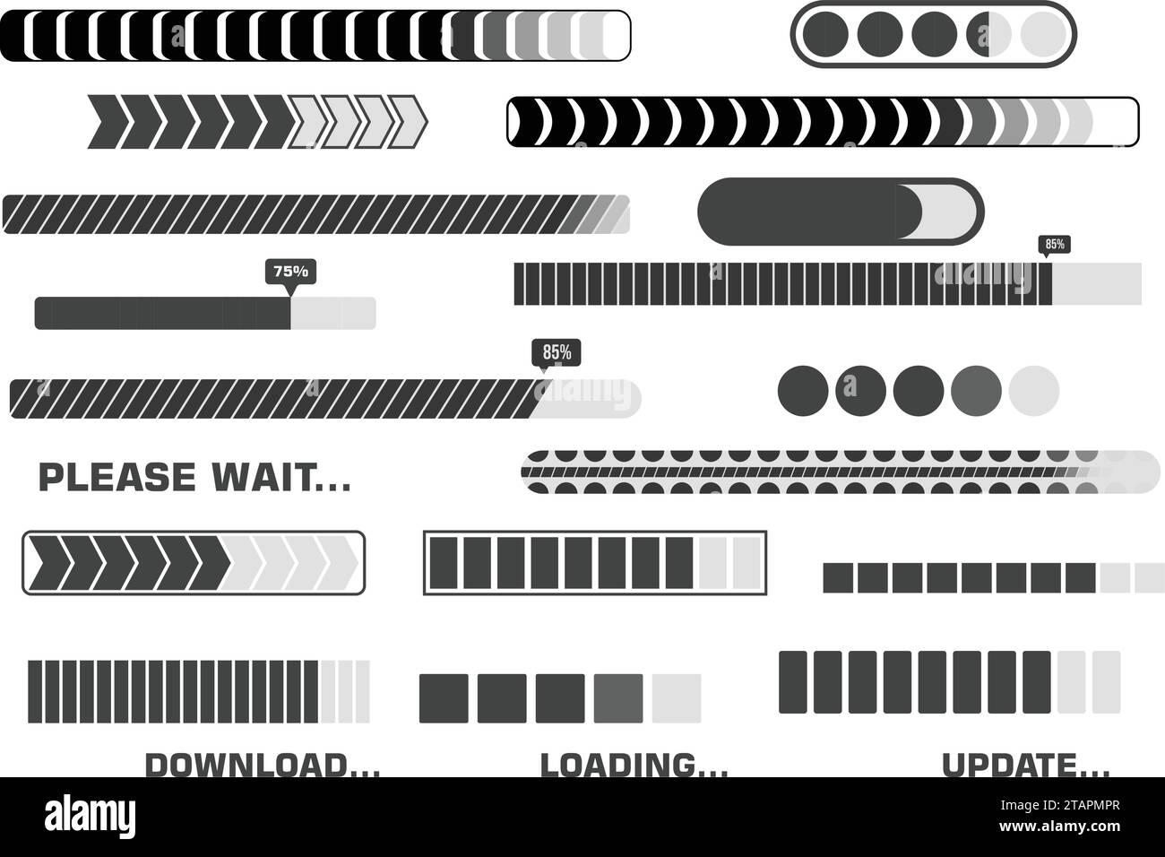 Weiße und graue Ladesymbole auf schwarzem Hintergrund. RGB EPS 10 Vektorelemente Set Stock Vektor