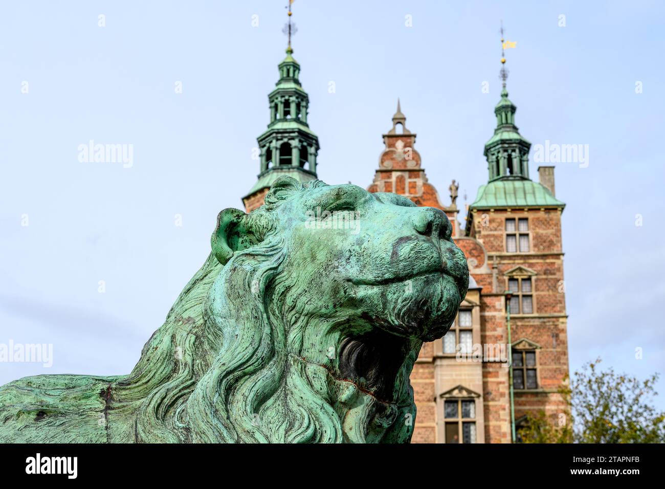 Schloss Rosenborg in Kopenhagen, Dänemark, Löwenskulptur Stockfoto