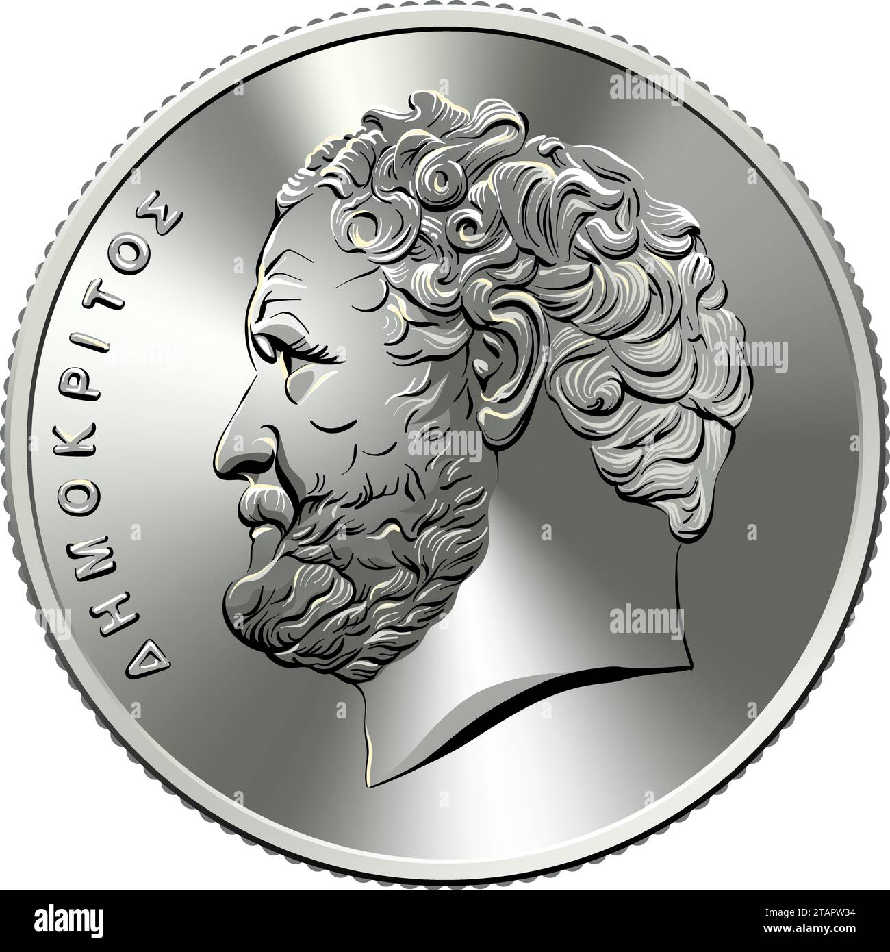 Vektorseite des griechischen Geldes, 10 Drachmen Silbermünze 1976 Democritus, altgriechischer Philosoph Stock Vektor
