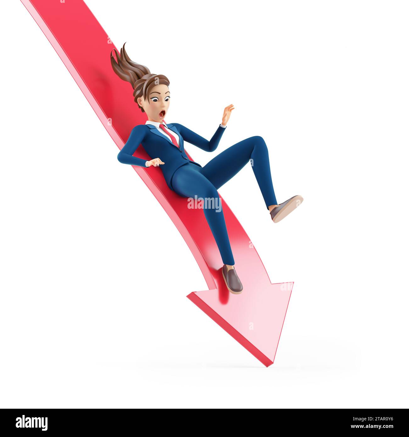 3D-Comic-Geschäftsfrau, die vom Pfeil nach unten fällt, Illustration isoliert auf weißem Hintergrund Stockfoto