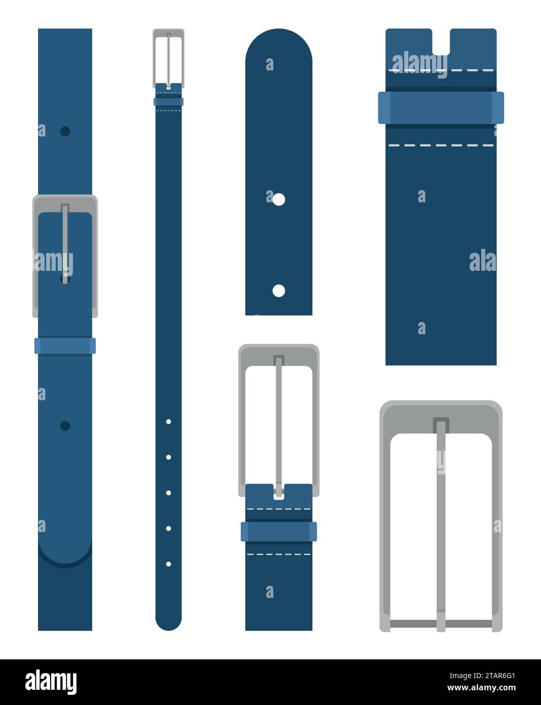 Blauer Gürtel mit Schnalle auf weißem Hintergrund. Element des Bekleidungsdesigns. Gürtelhose im flachen Stil. Vektorabbildung Stock Vektor