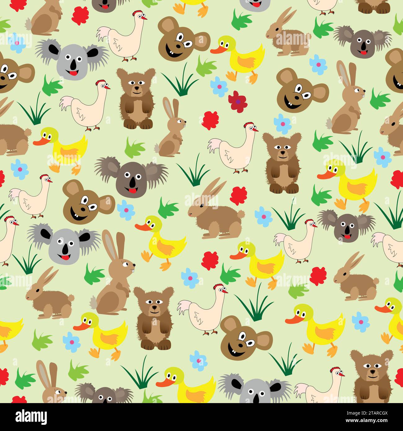 Komisches nahtloses Muster mit Wild- und Haustieren; viele lustige Tiercartoons nahtlos zum Drucken auf Textil und Papier, Plastiktüten Stock Vektor
