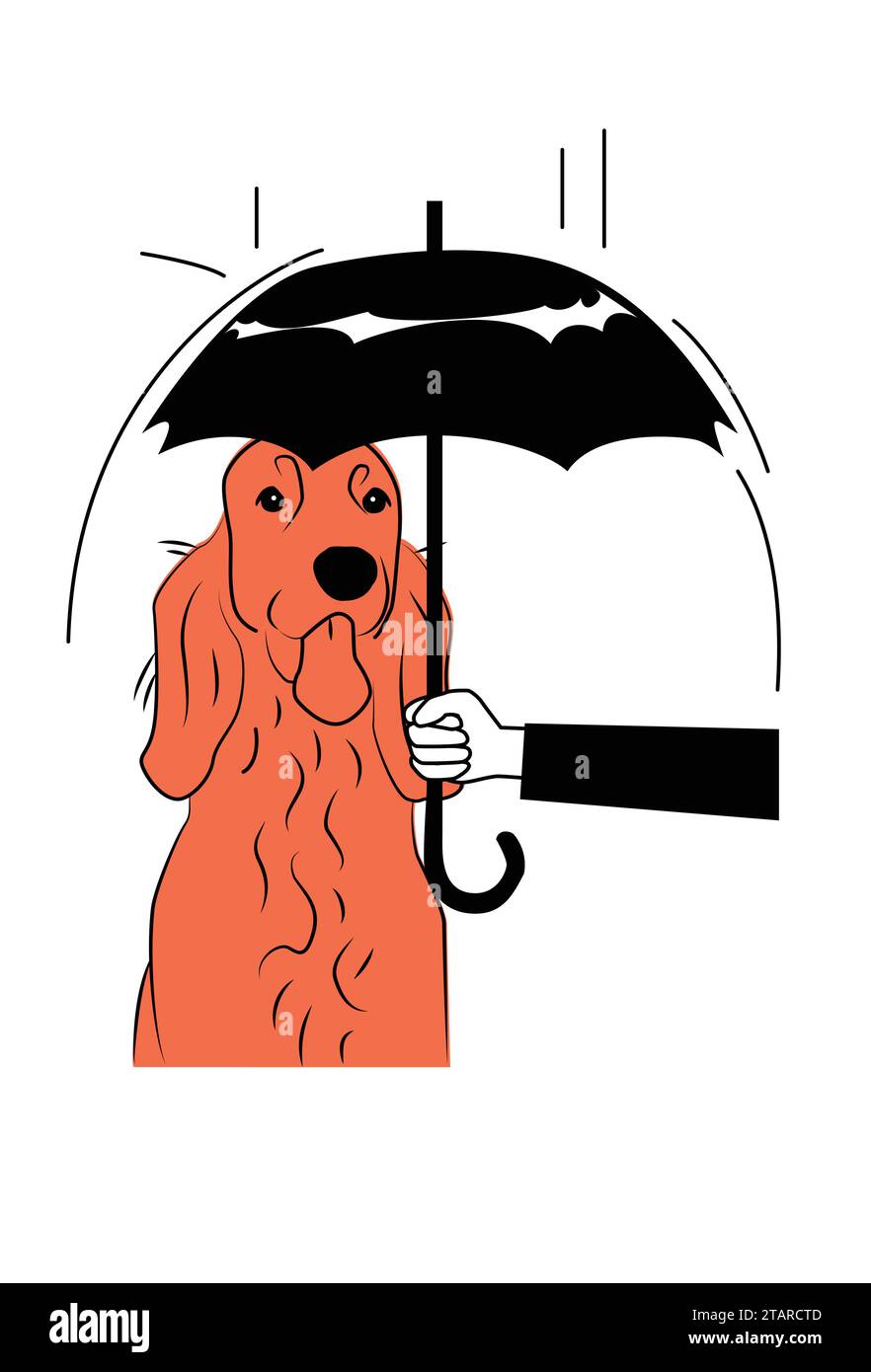 Pflege Eines streunenden irischen Setter Dog, indem er mit einem Regenschirm vor Regen schützt, ein heimatloses Tier adoptiert und unterstützt Stock Vektor