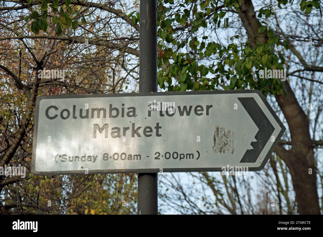 Schild für Columbia Flower Market, Columbia Road, Bethnal Green, Tower Hamlets, London, UK Stockfoto