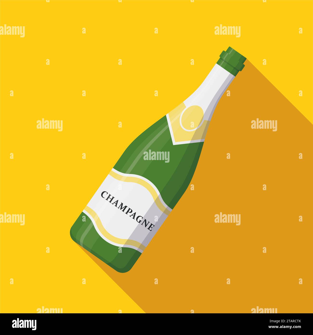 Sektflasche Symbolvektor auf gelbem Hintergrund. Wein-Sektflasche zur Alkoholfeier. Weihnachtsfeier mit goldenem Glas für die Neujahrsfeier Champagner Stock Vektor