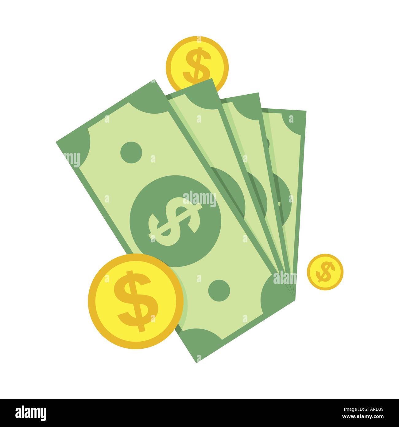 Bargeld-, Grüne Dollar- und Münzsymbol isoliert auf weißem Hintergrund. Illustration Des Geldvektors. Stock Vektor