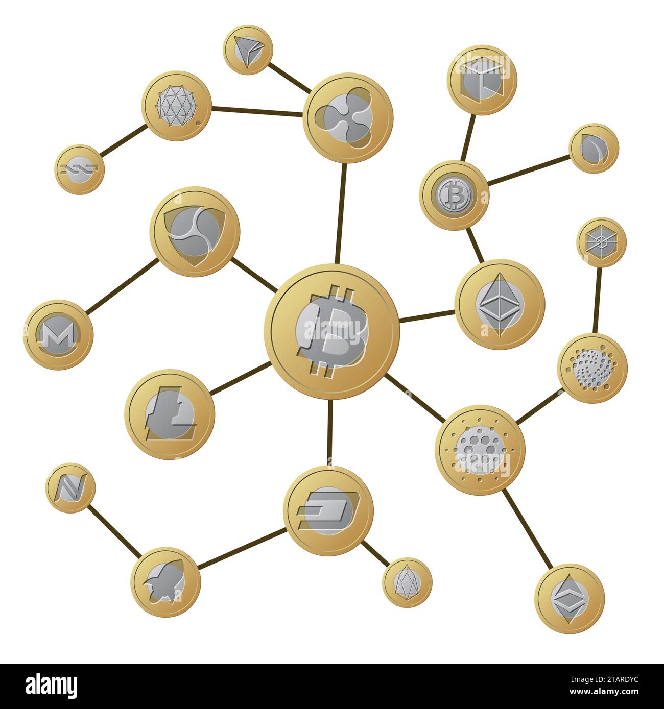 Blockchain. Internet-Transaktionskonzept für Kryptowährungen. Gold Silber Kryptowährungsmünzen. Vektordarstellung der Kryptowährung der Prozesstransaktion Stock Vektor