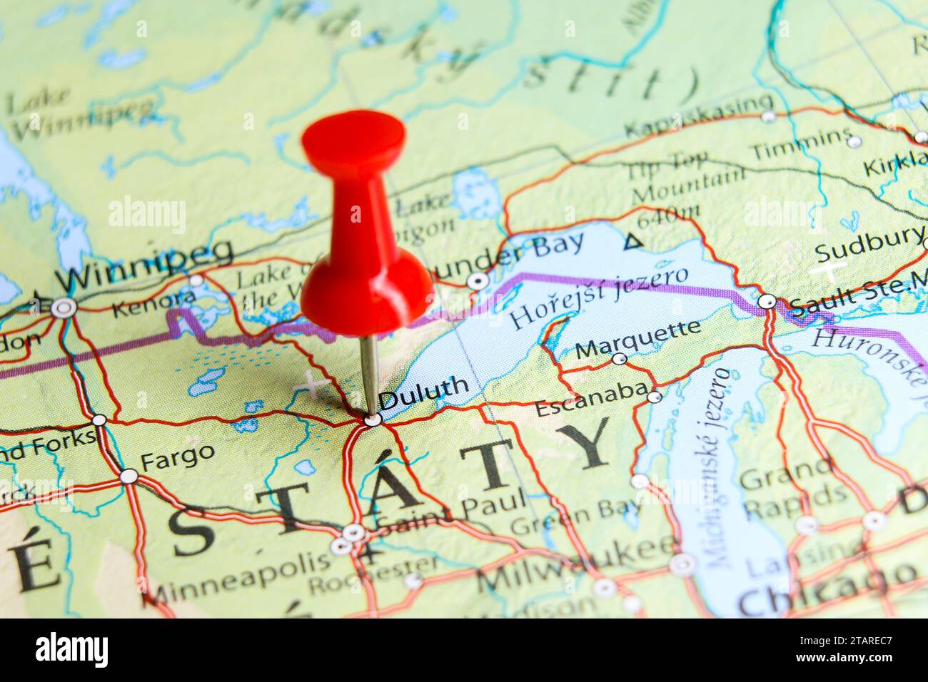 Duluth, Minnesota, Pin auf der Karte Stockfoto