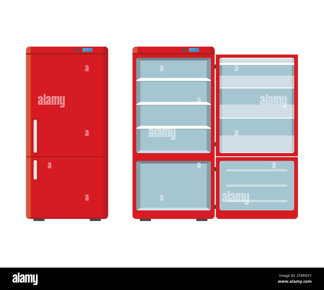 Roter Kühlschrank für Haushaltsgeräte offen und geschlossen, isoliert auf weißem Hintergrund. Kühlschrank für elektronische Geräte. Gefrierschrank für Haushaltsgeräte Stock Vektor