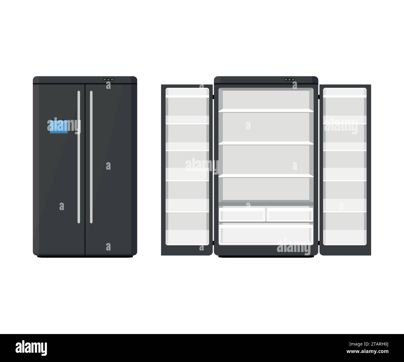Schwarzer moderner Haushaltsgeräte-Kühlschrank mit zwei Türen isoliert auf weißem Hintergrund. Kühlschrank für elektronische Geräte geöffnet und geschlossen. Haushaltsgerät Stock Vektor