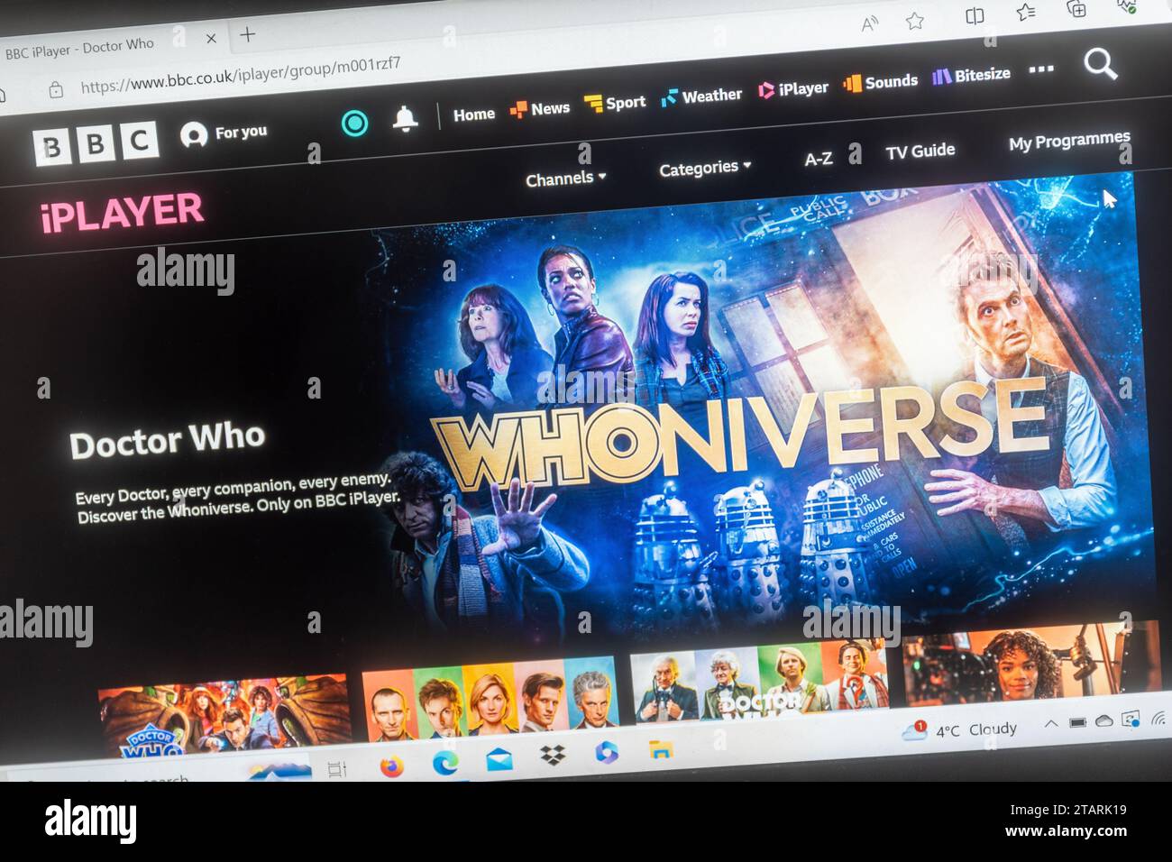 Whoniverse, alle Episoden von Dr. Who auf der BBC iplayer-Website auf einem Laptop-Computer, Streaming Dr. Who TV-Serie, Großbritannien Stockfoto